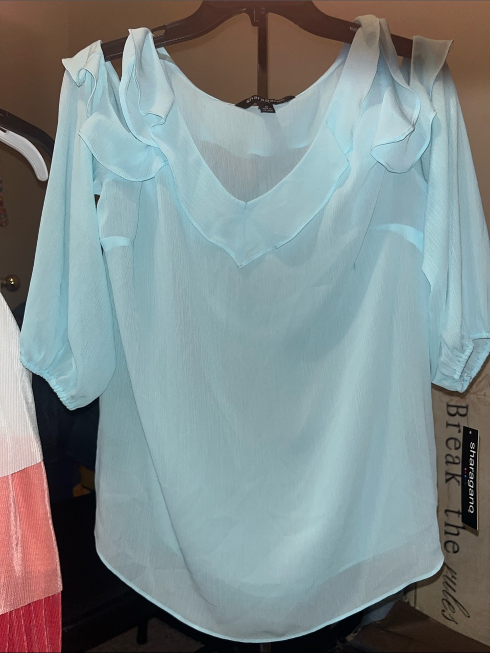 Sharagano Light Blue Ruffle Cold-Shoulder Blouse